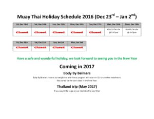 Muay Thai Holiday Schedule 2016
